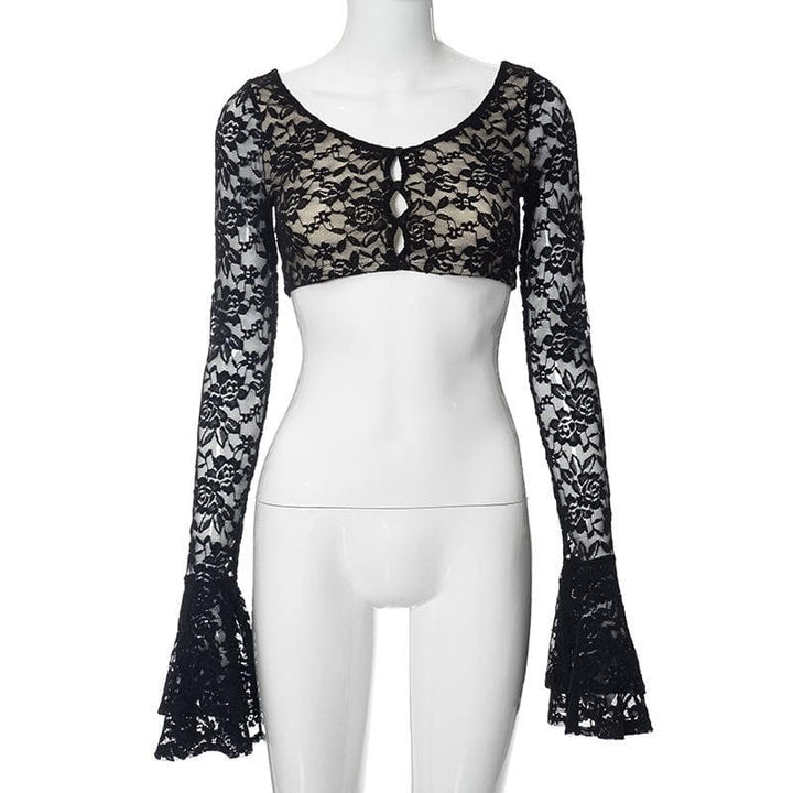 Long flared sleeve lace u neck button backless crop top  | Festival Outfits Women