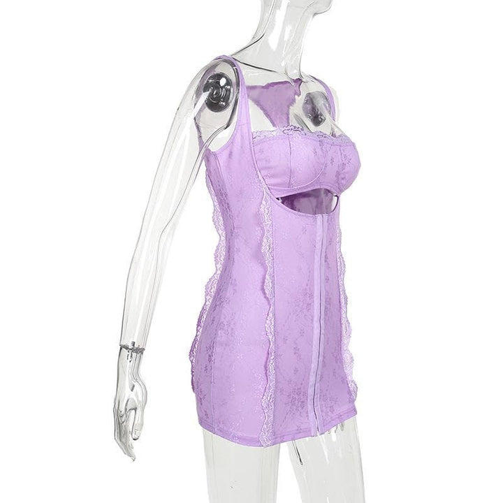 Square neck lace backless hollow out button solid cami cut out mini dress  | Festival Outfits Women
