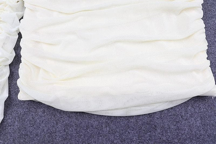 Double layered mesh off shoulder ruched long sleeve solid crop top | Mesh Long Sleeve Crop Top