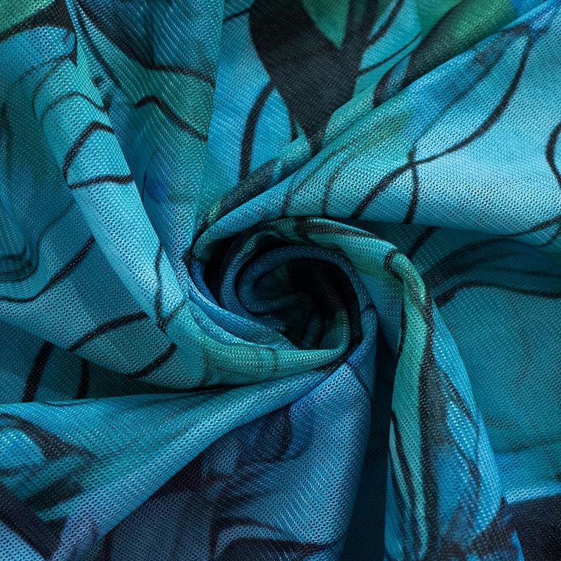 Sheer mesh see through print high neck slit long sleeve mini dress