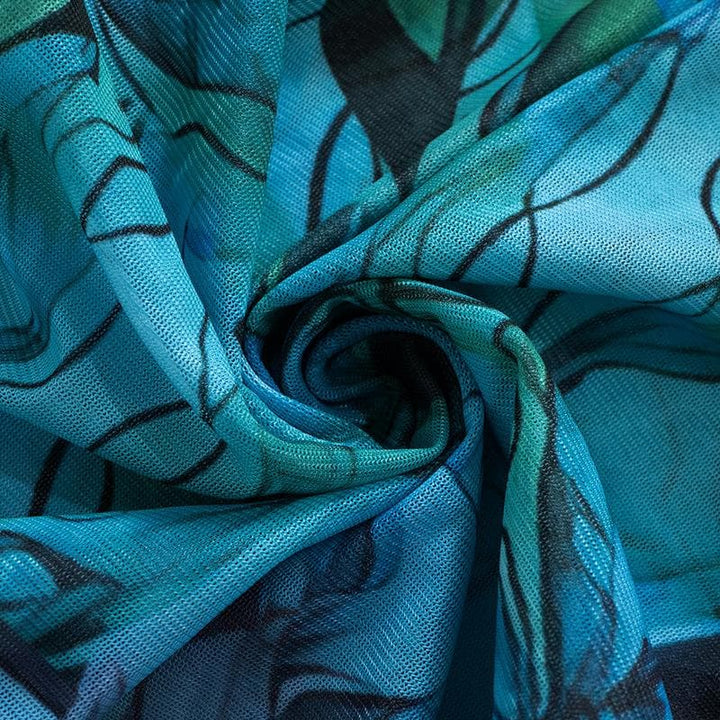 Sheer mesh see through print high neck slit long sleeve mini dress