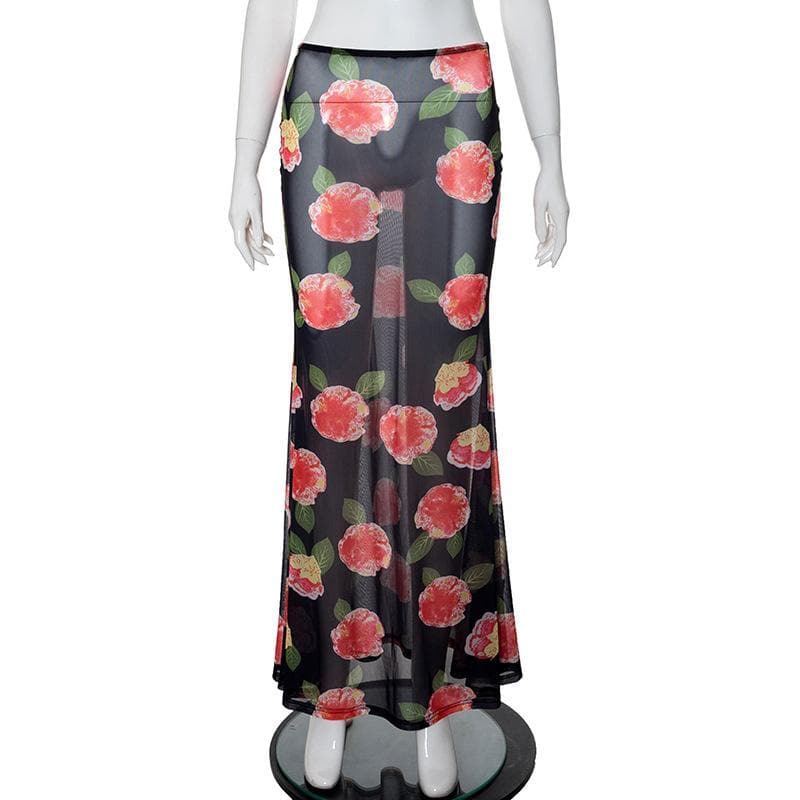 Sheer mesh flower print contrast maxi skirt  | Festival Outfits Women