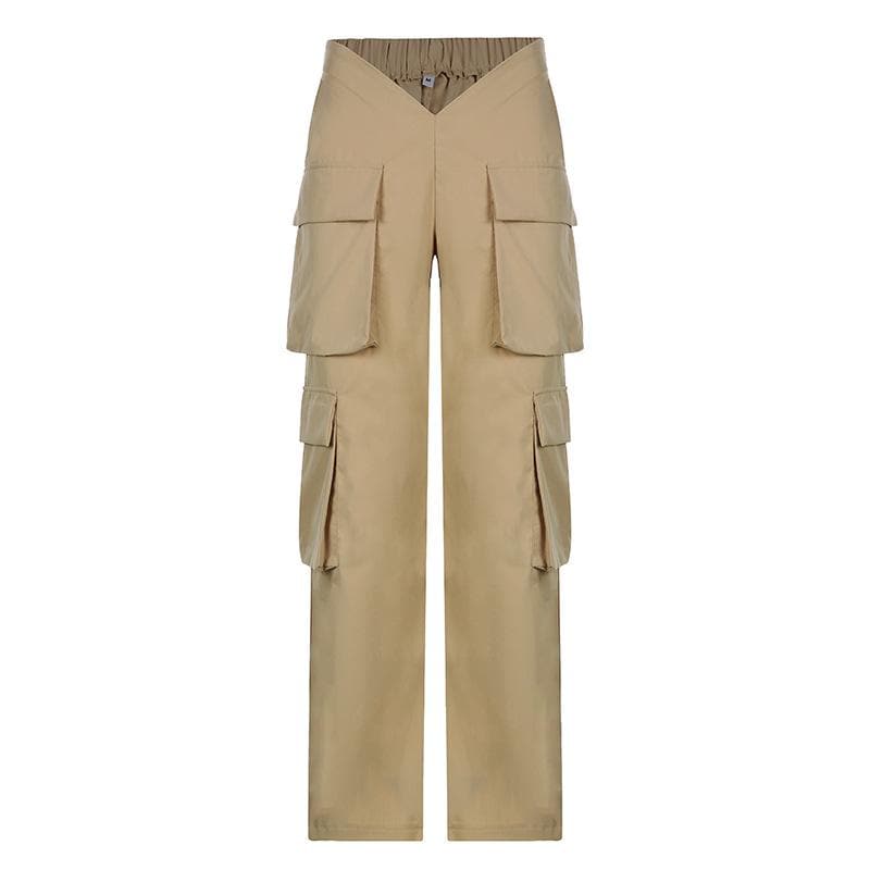 V waist pocket straight solid cargo pant Parachute pants