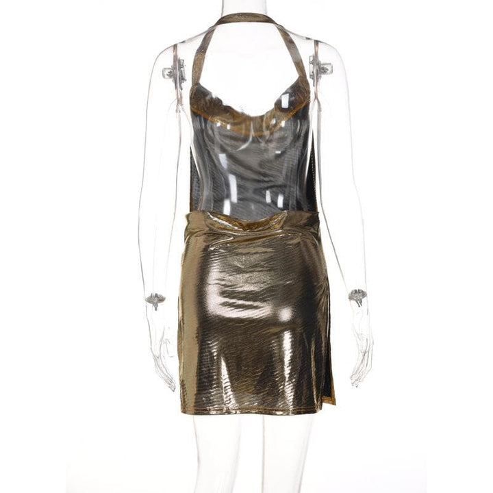 Halter cowl neck metallic high slit backless mini dress  | Festival Outfits Women