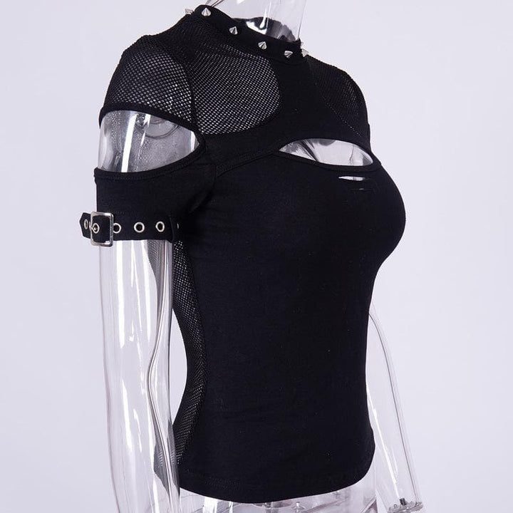 Fishnet patchwork hollow out short sleeve buckle cut out top