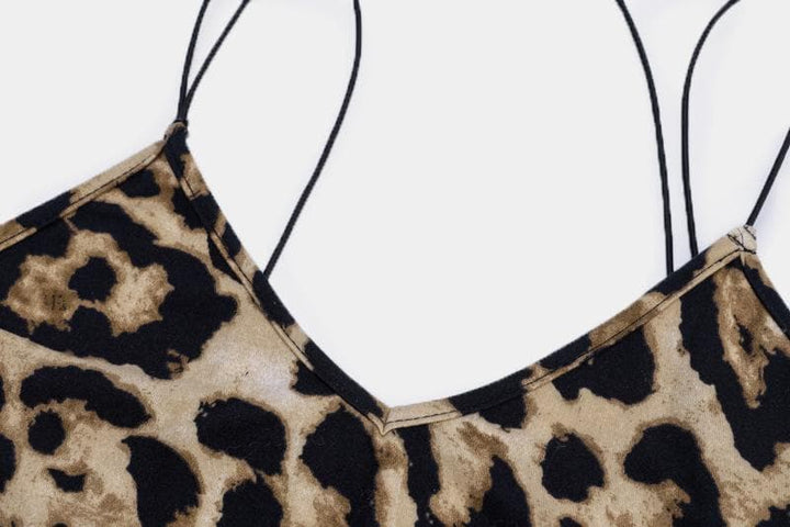 Leopard print contrast spaghetti strap u neck backless midi dress
