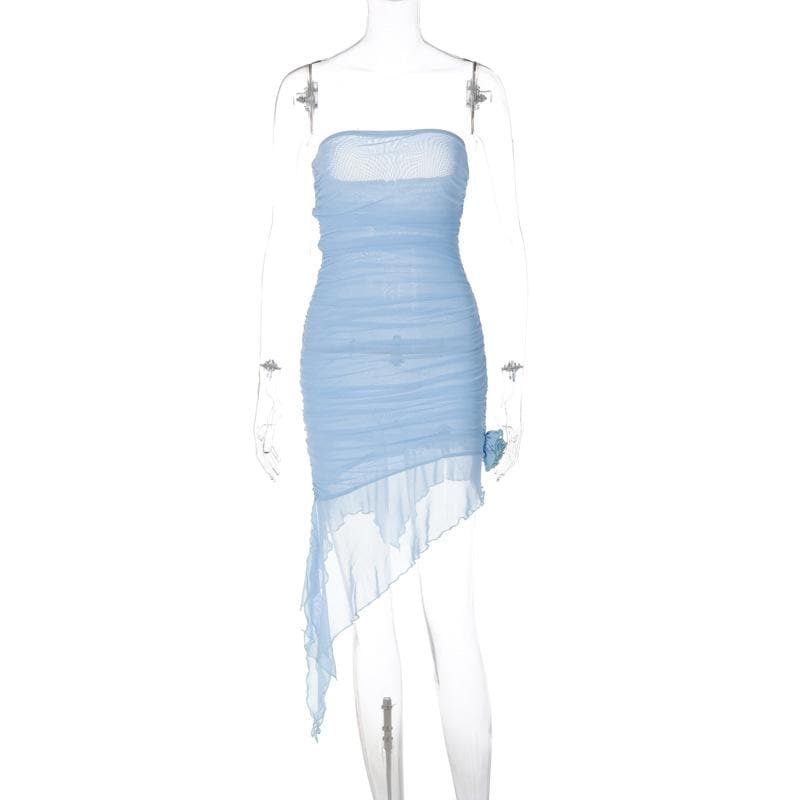 Solid mesh irregular ruffle flower applique ruched tube mini dress-final-sale