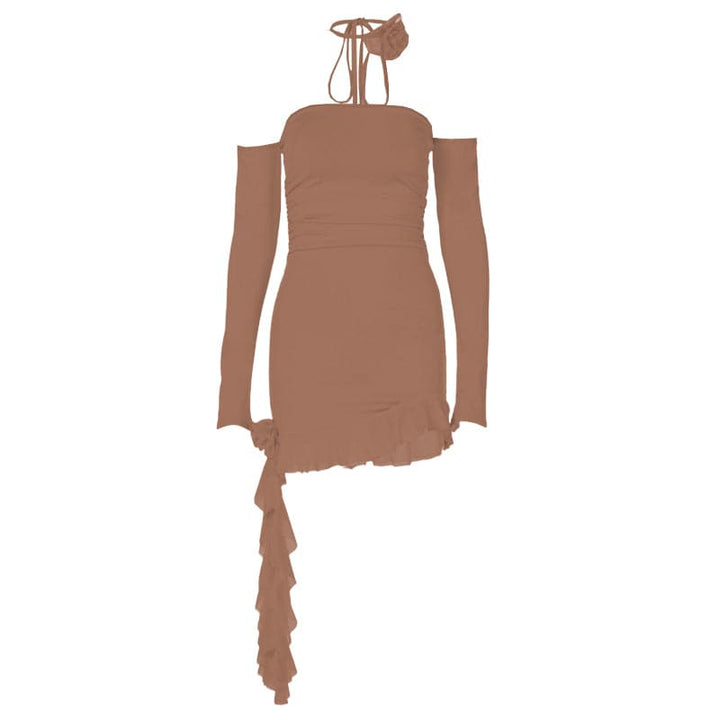 Long sleeve off shoulder flower applique ruffle ruched mini dress  | Festival Outfits Women